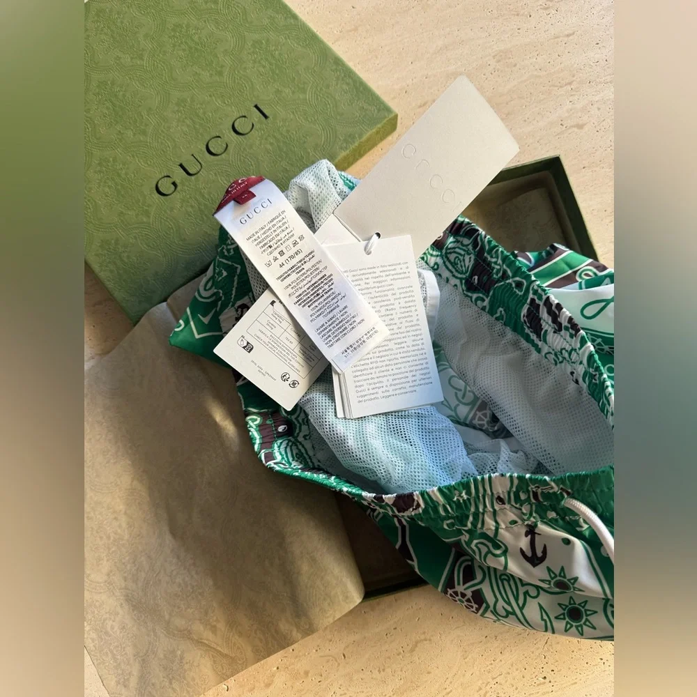 NWT GUCCI LOGO PRINT DRAWSTRING SWIM SHORTS 💚🌟